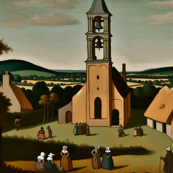 Historisch Kerkgebouw met Luidende Klok Een historisch kerkgebouw met een torenspits en een grote bel die begint te luiden. Villagers luisteren aandachtig naar het geluid van de bel terwijl zachte geluidsgolven zichtbaar zijn.