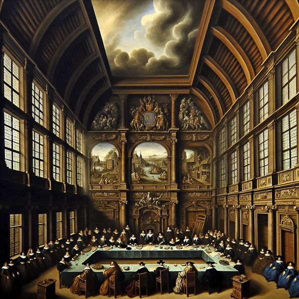 17e-eeuws Hollands schilderij van een statige regeringszaal met gedeputeerden aan een grote tafel, omringd door kaarten en documenten, symboliserend leiderschap en bestuur