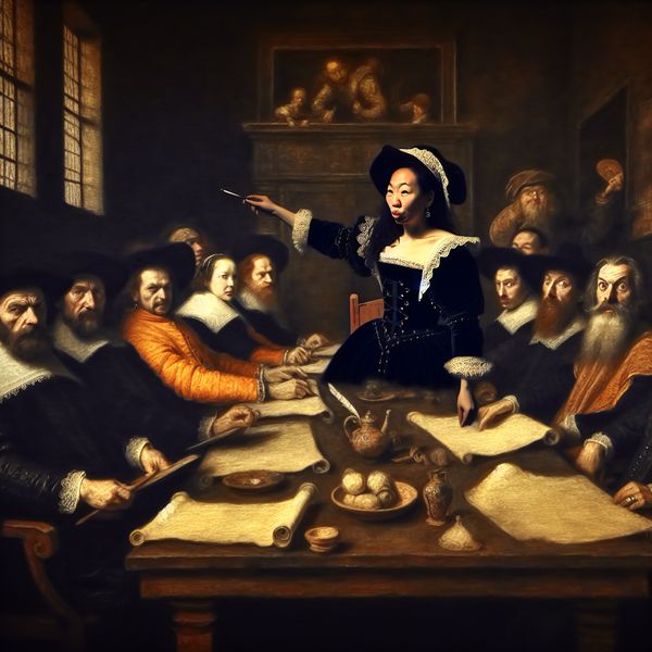 17e-eeuwse bestuurskamer met een zelfverzekerde vrouw die leiding geeft aan een team, geïnspireerd op Rembrandt met dramatisch clair-obscur licht