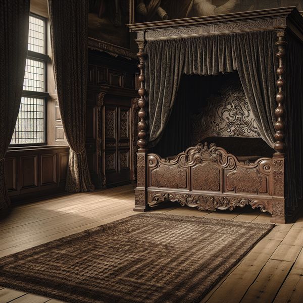 Groot 17e-eeuws Nederlands hemelbed met houtsnijwerk en dikke matras in een rijk gedecoreerde slaapkamer, zacht verlicht door natuurlijk licht