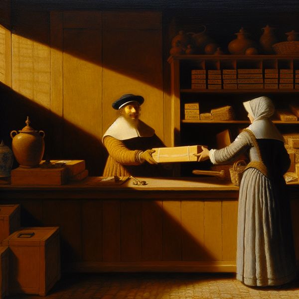 Historisch postkantoor: brieven en pakketten versturen in de Gouden Eeuw 17e-eeuwse Nederlandse postkantoorscène in Rembrandt-stijl met postbediende die een pakket overhandigt aan een klant