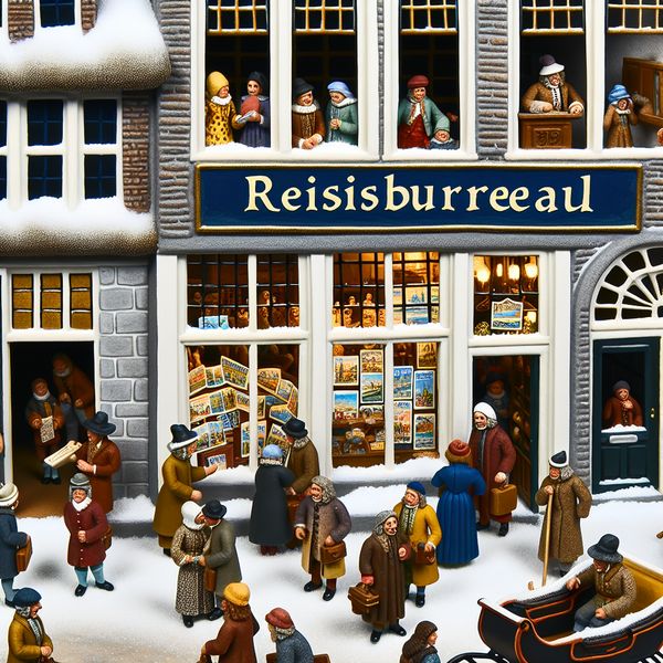 17e-eeuws reisbureau in een levendige winterse straatscene met klanten, reisaffiche en sneeuwpret in Nederlandse stijl