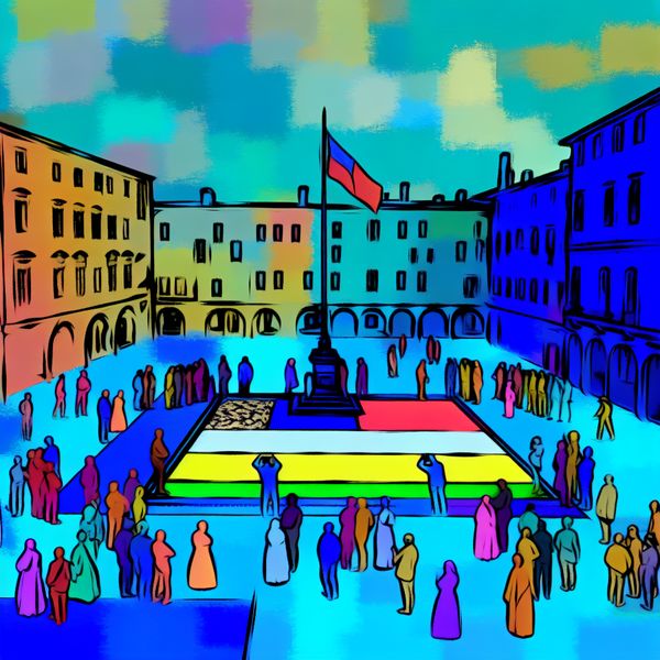 Een kleurrijke illustratie van een historisch stadsplein met een monument, waar mensen van diverse achtergronden foto's maken.