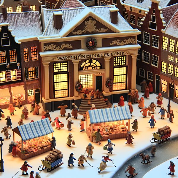 Druk 17e-eeuws wintertafereel van een levendig warenhuis in Nederlandse stijl met schaatsers, marktkraampjes en winkelend publiek