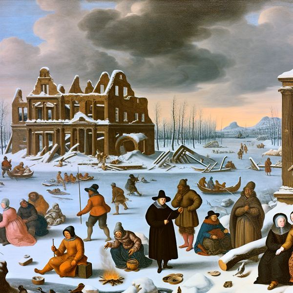 Historisch winterlandschap van een in verval zijnde beschaving Historisch winterlandschap met een in verval zijnde beschaving, mensen die vissen op een bevroren meer en zich verzamelen rond een vuur.