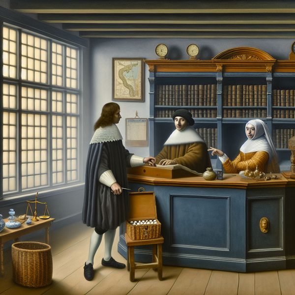 17e-eeuwse Nederlandse bank met bankier en klant die een financiële transactie bespreken bij een houten balie met munten, grootboek en ganzenveer