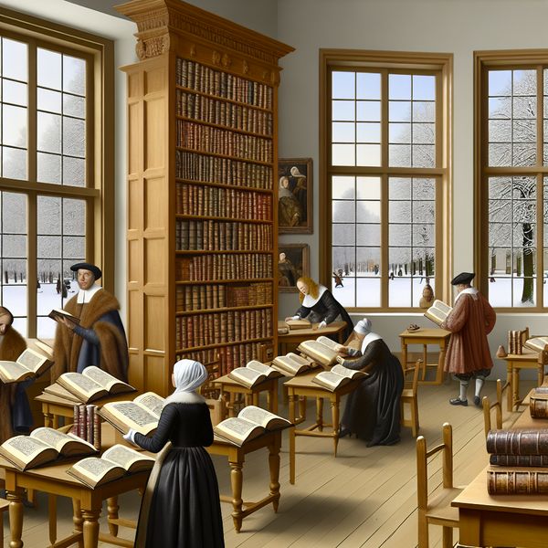 Gezellige historische bibliotheek met middeleeuwse boeken en lezers in winterlicht 17e-eeuwse Nederlandse bibliotheek met historische boeken en mensen die lezen en discussiëren in een warme, winterse sfeer
