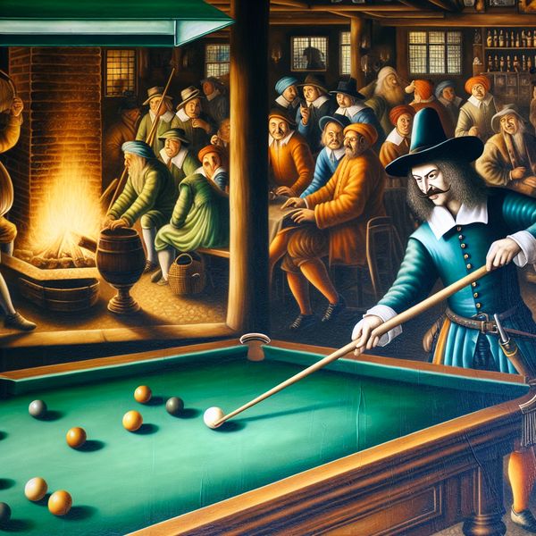 17e-eeuwse Nederlandse taverne met man die een biljartkeu vasthoudt en een stoot voorbereidt op een groene biljarttafel