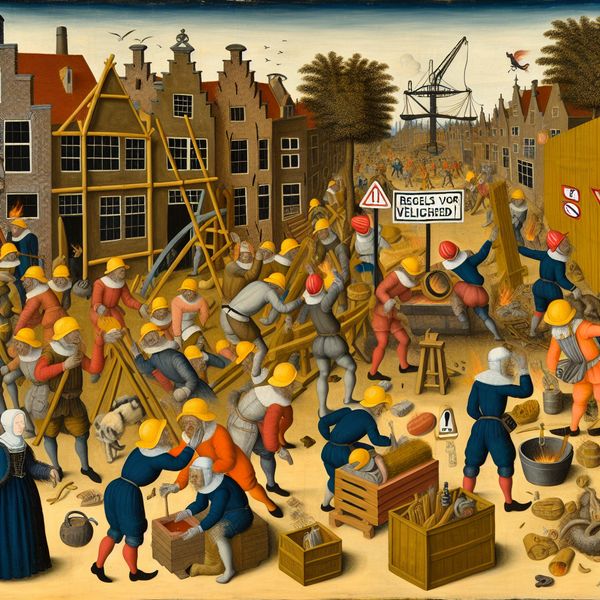 Historische veiligheidsregels op bouwplaats - Nederlandse schilderkunst Jan Steen stijl 17e-eeuwse Nederlandse bouwplaats met arbeiders in historische kleding, veiligheidsmaatregelen en waarschuwingssymbolen volgens de stijl van Jan Steen