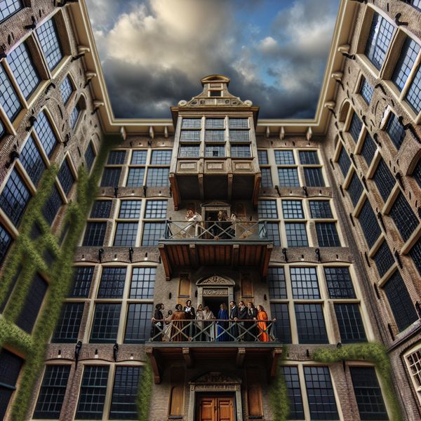 17e-eeuws Hollands gebouw met meerdere verdiepingen, grote ramen en klimop, mensen uit de Gouden Eeuw bij een sierlijke trap of lift naar de bovenverdieping