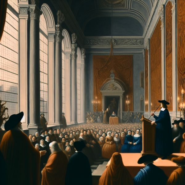 Ceremonie van de nieuwe Doge in Venetiaanse stijl Een historische ceremonie met een nieuw gekozen doge die een toespraak houdt in een grootse hall.