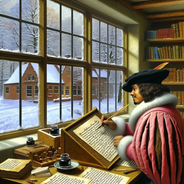 17e-eeuwse corrector controleert spelling in een gezellige studeerkamer met uitzicht op een besneeuwd landschap, in de stijl van Hendrick Avercamp