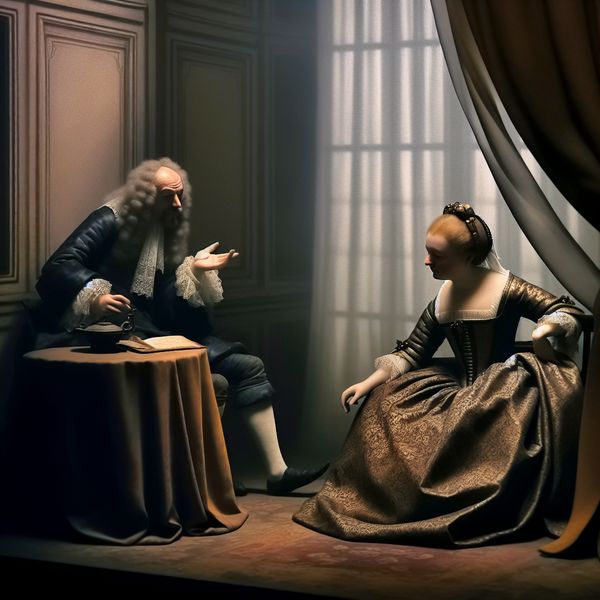 Twee elegante personen in 17e-eeuwse Nederlandse kleding voeren een bedachtzame discussie in een verfijnd interieur, met aandacht voor texturen en subtiele gebaren