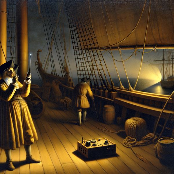 Historische draadloze communicatie: scheepskapitein met radiozender in Vermeer-stijl 17e-eeuwse scheepskapitein met oude radiozender op houten scheepsdek bij zonsondergang, maritieme communicatietechniek