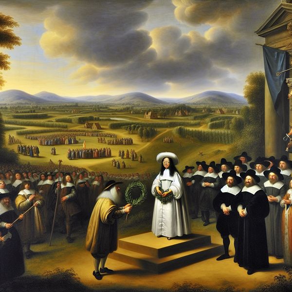 Historische erkenning en respect voor wetenschappelijke prestatie in Nederlandse landschapschilderkunst 17e-eeuwse Hollandse ceremonie waarin een wetenschapper een lauwerkrans ontvangt als teken van respect en erkenning voor zijn ontdekking
