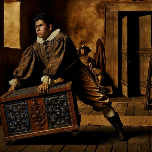 Een historische figuur bukt om een zware, versierde doos op te tillen in een sfeervolle, donker verlichte kamer