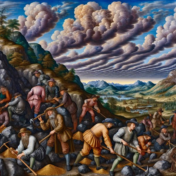 Een gedetailleerd landschap met mijnwerkers die goud delven uit de aarde, met een dramatische lucht en bergen op de achtergrond.