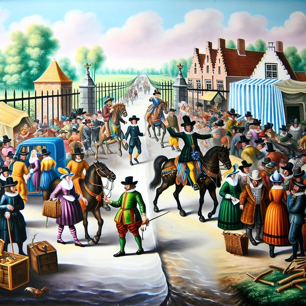 Historische grensovergang tussen Nederland en België met reizigers te voet, te paard en in koetsen, douanebeambten en een grensmarkering in de stijl van Frans Hals