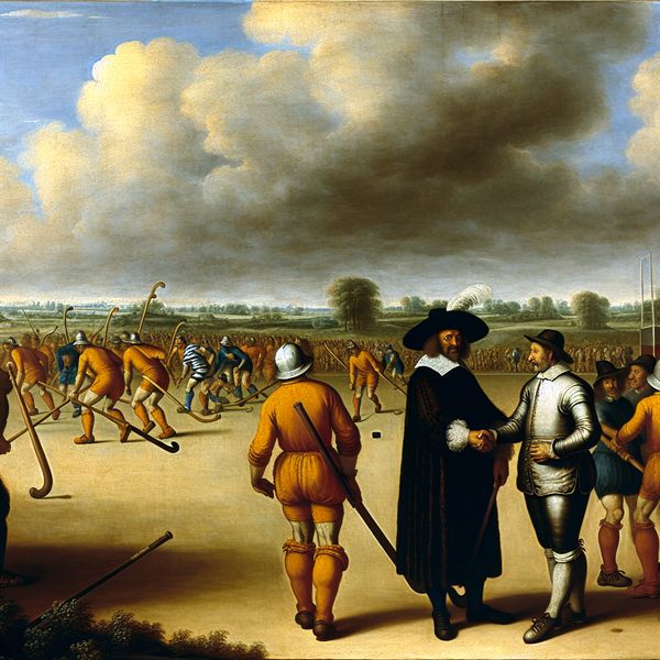 Aanvoerder hockeyteam historische schilderij Jacob van Ruisdael stijl 17e-eeuwse Nederlandse schilderij van een hockeywedstrijd met de aanvoerder die de scheidsrechter de hand schudt op een levendig sportveld
