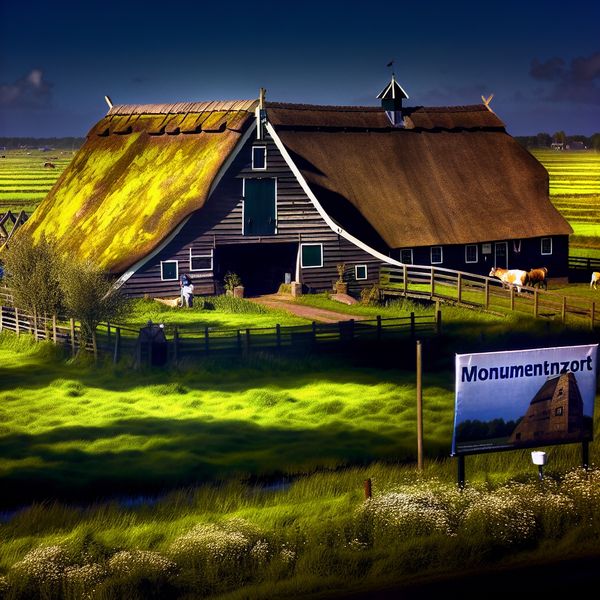 Historische Hoeve met Traditionele Architectuur en Monumentenzorg Zicht op een historische hoeve met een grote, verwerkte houten schuur, rieten dak en weelderige groene velden, in warm zonlicht.