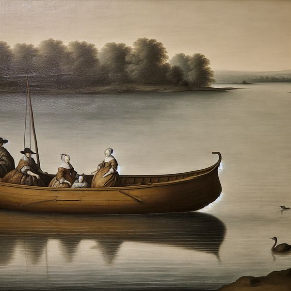 17e-eeuws Hollands tafereel met een houten boot op een kalm meer, bezet door elegant geklede figuren tijdens een rustige vaartocht