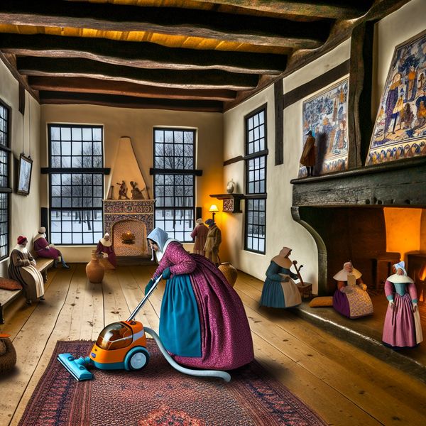 17e-eeuwse Nederlandse huiskamer waar een persoon met een klassieke stofzuiger de houten vloer schoonmaakt, omringd door gezellige huishoudelijke activiteiten in een winterse sfeer