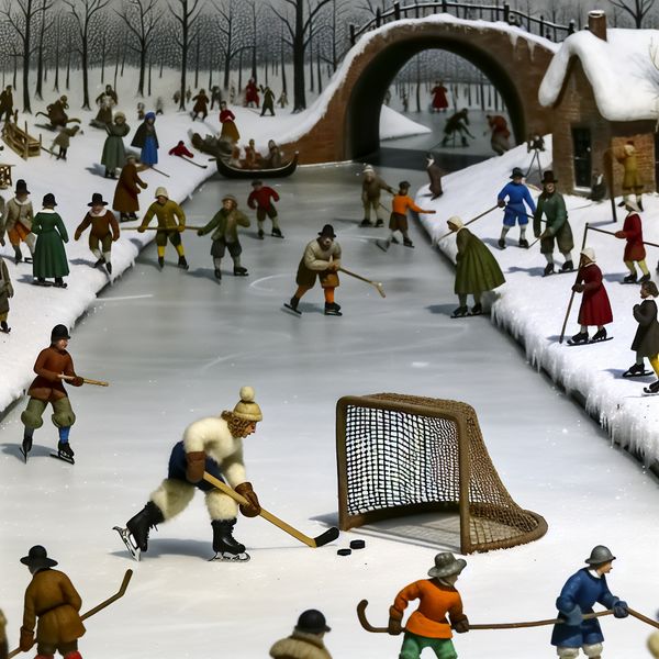 Historische ijshockeywedstrijd op bevroren kanaal met speler die puck op doel schiet, geïnspireerd op Hendrick Avercamp