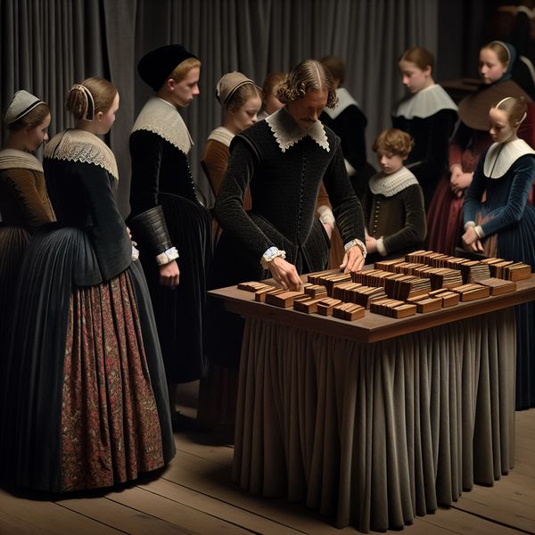 Indelen in groepen leren: historische Nederlandse klas met leraar en leerlingen 17e-eeuwse Nederlandse klas waarin een leraar kinderen in groepen indeelt, met boeken en historische kleding in zachte belichting
