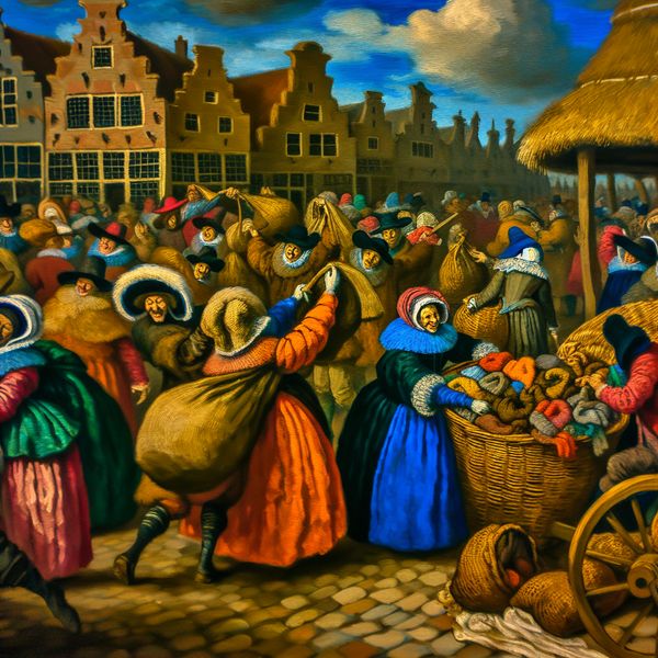 Kledinginzameling historische stijl - spullen ophalen voor hergebruik en schenken 17e-eeuwse Nederlandse straatscene met vrijwilligers die warme winterjassen inzamelen voor hergebruik bij een houten kar met opschrift 'Voor Daklozen'