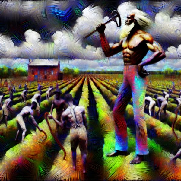 Abstract expressionistische voorstelling van een 19e-eeuwse plantage met een dominante meester en onderdanige slaven op de achtergrond, symbool voor historische machtsverhoudingen