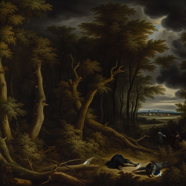 17e-eeuws dramatisch landschap met twee figuren in een donker bos, waar een misdaad wordt gepleegd met een dolk