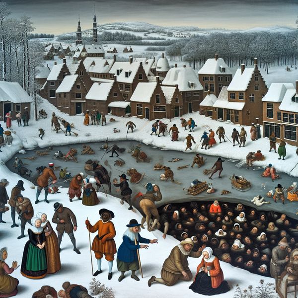17e-eeuws Hollands wintertafereel van Hendrick Avercamp met een donkere vondst: een lichaam onder het ijs op een bevroren kanaal, terwijl een ambtenaar wijst en omstanders geschokt toekijken