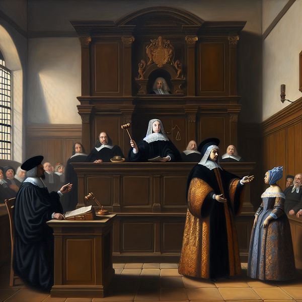 Historische rechtszaak in Nederlandse rechtszaal - Vermeer stijl schilderij 17e-eeuwse Nederlandse rechtszaal met rechter, advocaten en toeschouwers tijdens een rechtszaak in de stijl van Vermeer