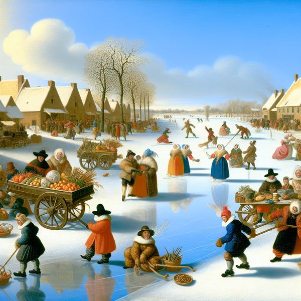 Vrolijke 17e-eeuwse wintermarkt in een Nederlands dorp met schaatsers, handelaren en picknickende mensen op een zonnige dag