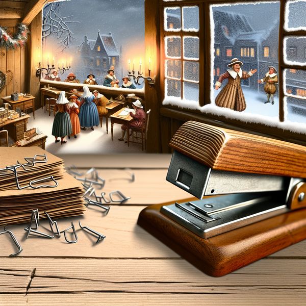 Historische nietmachine en nietje in 17e-eeuws Nederlands kantoor - Taal leren Nederlands 17e-eeuws Nederlands kantoorinterieur met houten bureau, papieren bijeengehouden door een metalen nietje en een antieke nietmachine met zichtbaar mechanisme