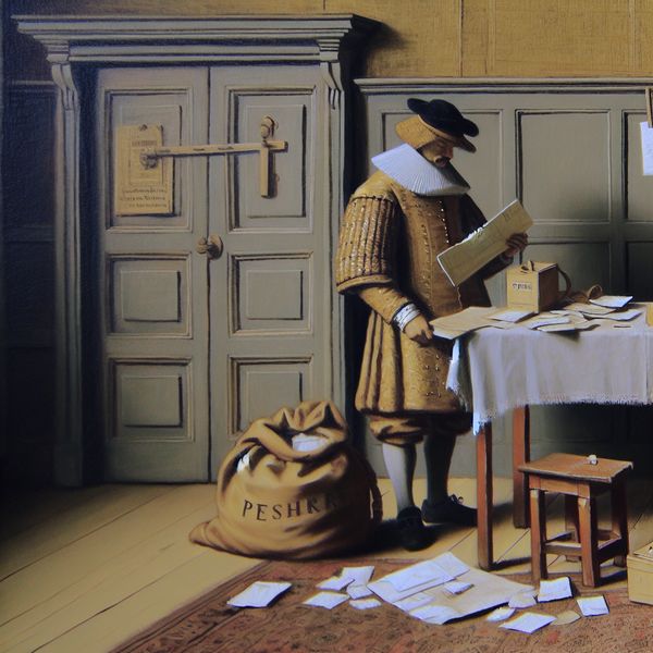 17e-eeuwse schilderij van een postbode in historische kleding met brieven en een postzak, tijdens een poststaking in een elegant Nederlands interieur