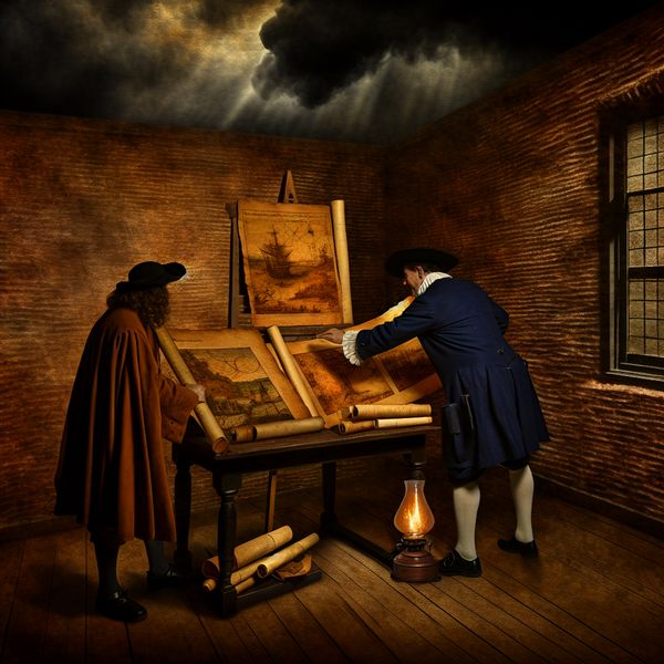 Historische presentatie van een milieureport door een onderzoeker Een onderzoeker in historische kleding presenteert een oud rapport omringd door rolletjes en papieren op een houten bureau.