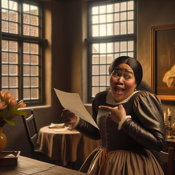Historische reactie in 17e-eeuws interieur Een vrouw uit de 17e eeuw in een huis geïnspireerd door Vermeer, kijkt teleurgesteld naar een brief.