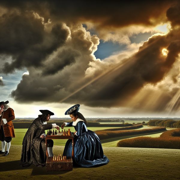Historische schaakwedstrijd in Nederlands landschap - strategisch spel en competitie Twee schaakspelers in 17e-eeuwse kleding concentreren zich op een grote, versierde schaakpartij in een dramatisch Nederlands landschap met donkere wolken en gouden lichtstralen