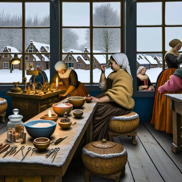 17e-eeuwse schoonheidsspecialiste die de wenkbrauwen van een klant verzorgt in een gezellige wintersalon, geïnspireerd op Hendrick Avercamp