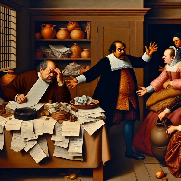 17e-eeuwse Nederlandse genrescène van Jan Steen met een gestreste man omringd door onbetaalde rekeningen en een strenge schuldeiser die een leeg geldzakje toont
