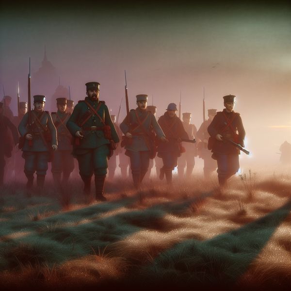 Historische soldaten in actie tijdens een aanval bij zonsopgang, weergegeven in nostalgische stijl met mistige omgeving en gedetailleerde uniformen