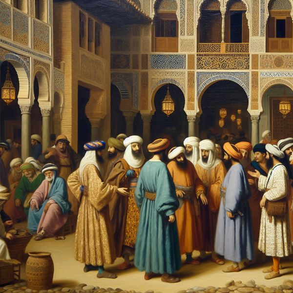 Een levendig beeld van een historische Spaanse markt met mensen van Noord-Afrikaanse of Arabische afkomst in traditionele kleding, die interageren met lokale Spanjaarden, met Moorse architectuur op de achtergrond.