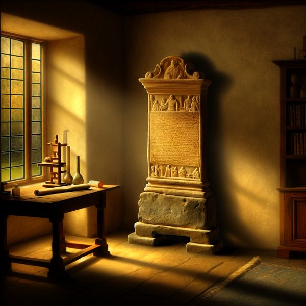 Historische Stele met Inscripties in Studeerkamer Een oude stenen stele met inscripties in een rustige studeerkamer