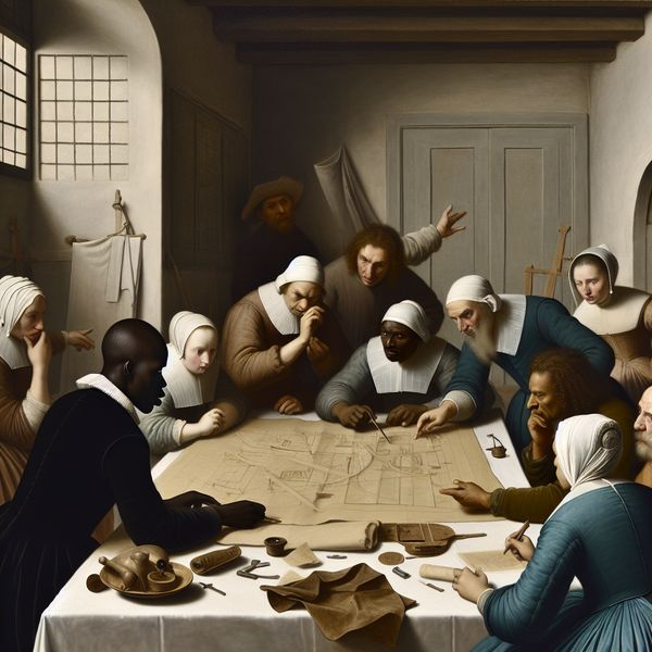 Historische strategiebespreking in Nederlandse Gouden Eeuw stijl 17e-eeuwse Nederlandse interieurscène met een groep mensen rond een tafel, waar een leraar of projectleider een strategie uitlegt aan de hand van perkamenten, kaarten en diagrammen
