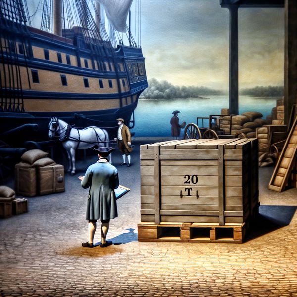 Betekenis ton gewichtsaanduiding in historische handel en transport Historische havenopslag met houten krat gemarkeerd '20 t' voor gewichtsaanduiding van 20 ton in vrachtvervoer