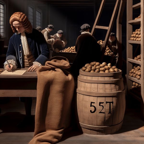 Historische ton als gewichtseenheid in Nederlandse handel en logistiek 17e-eeuws Nederlands handelsmagazijn met koopman die gewichten noteert in grootboek naast houten vat met aardappelen, 5 ton (1000 kg) weergevend