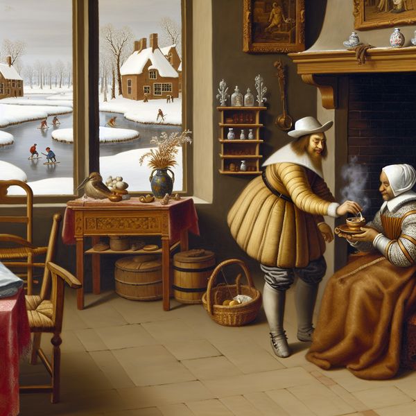 Verzorgen in de winter: historische zorgtafereel met soep en schaatsers 17e-eeuwse Nederlandse verzorgster die een zieke patiënt een kom warme soep aanbiedt in een knusse winterse kamer met uitzicht op schaatsers op een bevroren kanaal