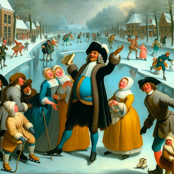Historische winterbijeenkomst met verzoek om hulp Een groep mensen in historische kleding omringt een figuur die op een verhoogd platform staat en met een perkament aan de menigte vraagt om hulp in een levendig winterlandschap.