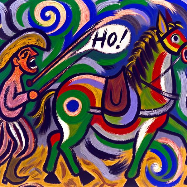 Abstracte voorstelling van een koetsier die 'ho!' roept naar een paard om te stoppen, in felle kleuren en expressieve penseelstreken